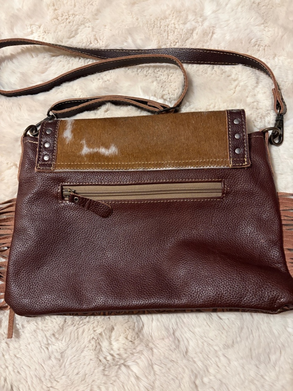 Myra Bag Craved Blossoms Leather Brown & White Hairon Cowhide Flap Crossbody - Picture 8 of 12